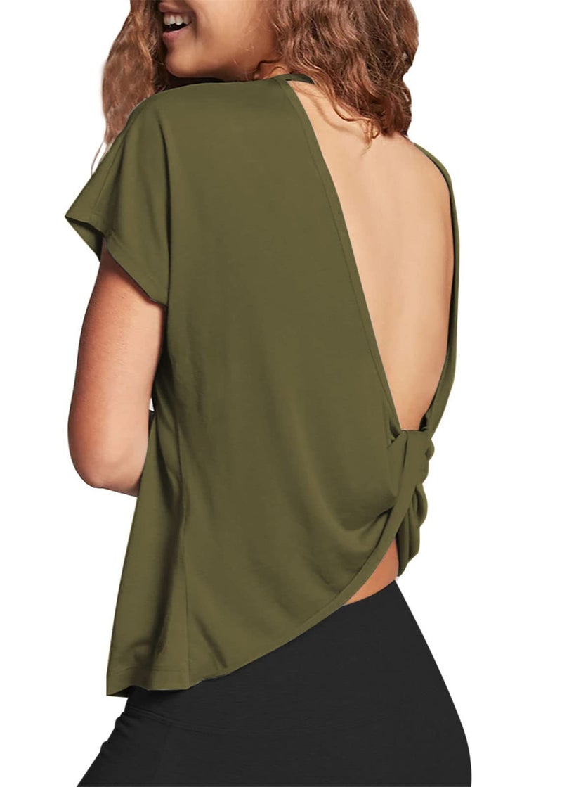 Mippo Workout Tops Short Sleeve Gym Shirts Backless Open Back Top Womens Athletic Workout Shirt Gym Clothes Army Green M - Image 3